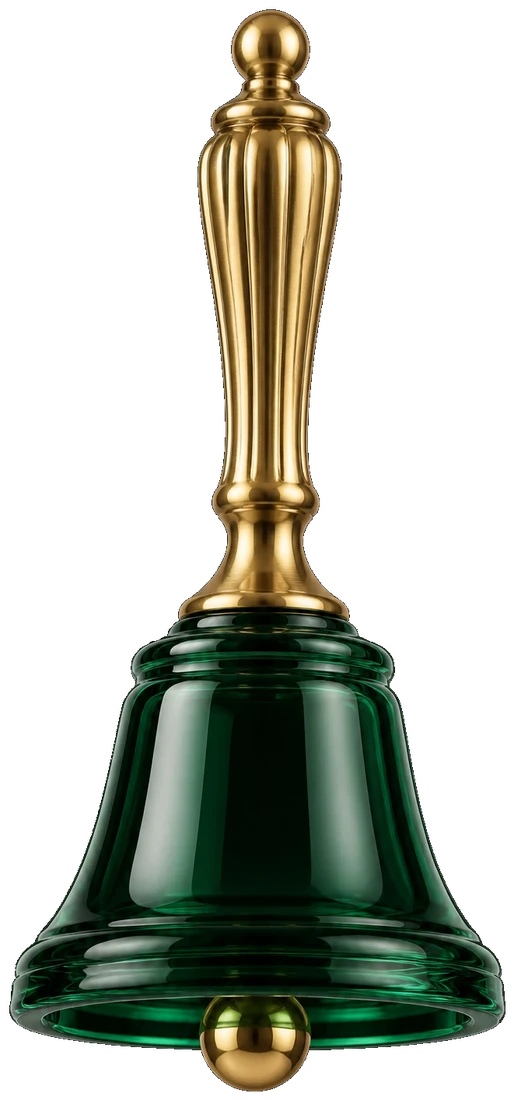 Emerald glass school bell with a gold handle