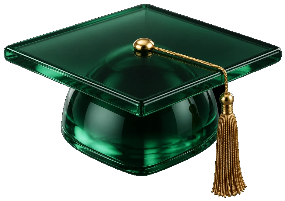 Emerald glass graduation cap with a gold tassel
